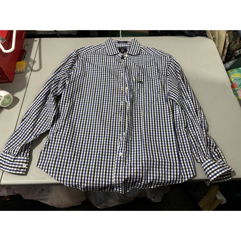 Faconnable Gingham L White w/blue Black check button Up long Sleeve Shirt
